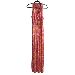 Stunning, Jessica Simpson, maxi dress racer, back pink, and yellow.